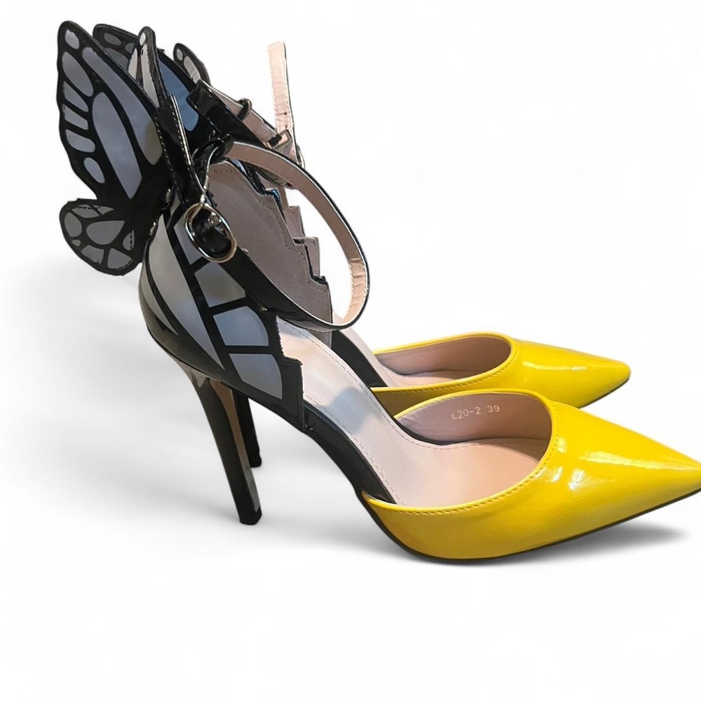 Patent Yellow Black And White Butterfly Accent  Pointed-Toe Heels Size 39